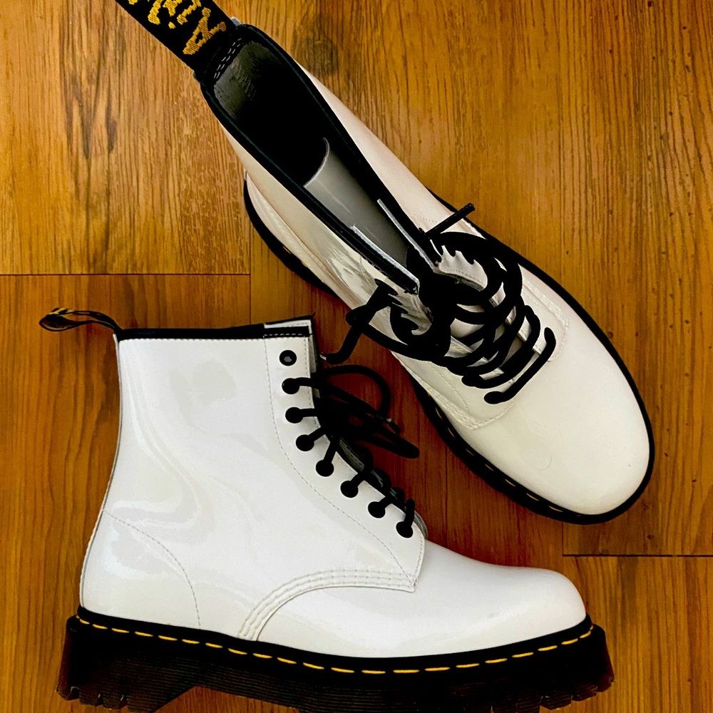 Dr. Martens: White Patent 1460 Bex Boots with Dr. Martens Patent Cleaner